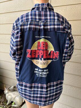 Led Zeppelin upcycled Flannel Shirt Unisex Size Large L